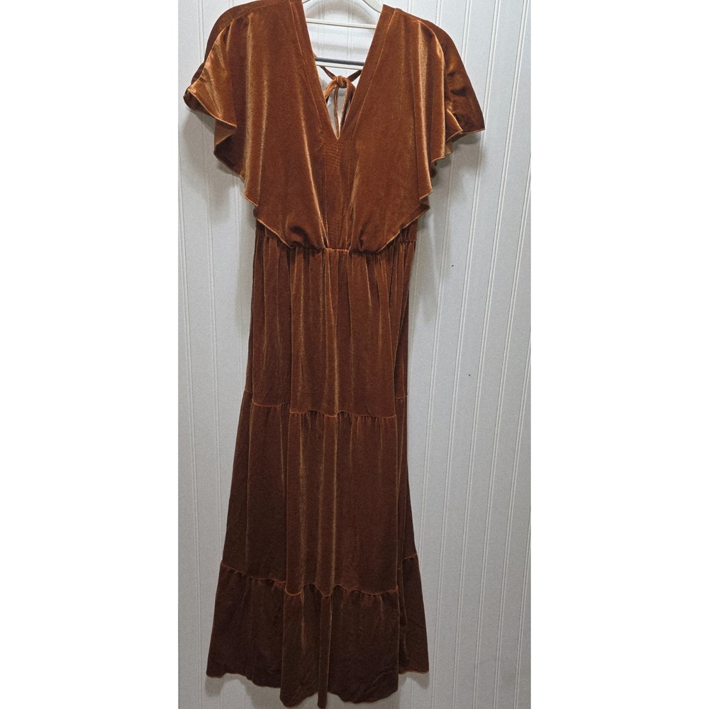 Women's Earthy Orange Velvet Maxi Dress Short Sleeve V NeckSz M